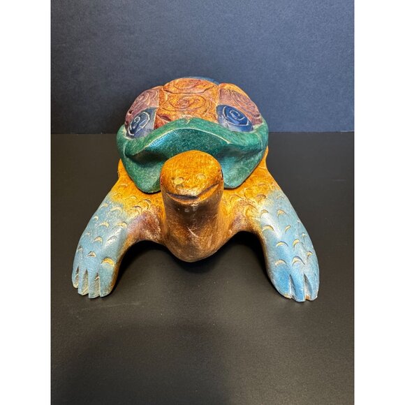 Hand-Carved & Painted Wooden Turtle Trinket Box Sea Ocean Beach Decor - Picture 2 of 16